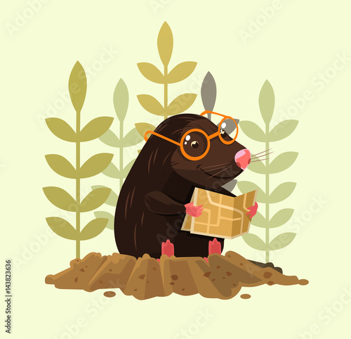 Cute happy smiling mole character sitting and read map. Vector flat cartoon illustration