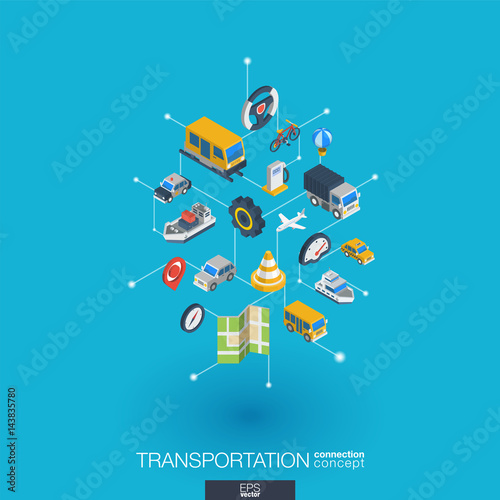Transportation integrated 3d web icons. Digital network isometric interact concept. Connected graphic design dot and line system. Abstract background for traffic, navigation service. Vector Infograph