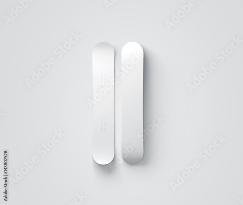 Blank white snowboard design mockup isolated, front and back side view, 3d rendering. Clear snow board mock up top and bottom. Clear realistic snowboarding sport equipment template for printing.