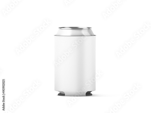 Blank white collapsible beer can koozie mockup isolated, 3d rendering. Empty neoprene cooler holder mock up for tin beverage. Plain drinkware hugger design template. Clear fizzy pop soda sleeve.