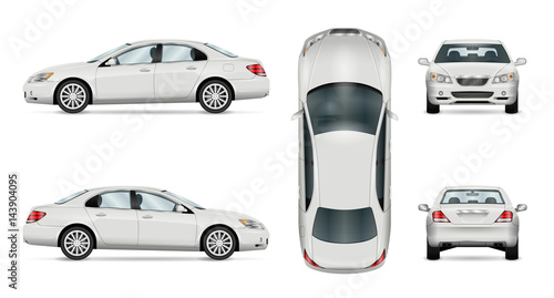 Car vector template on white background. Business sedan isolated. All layers and groups well organized for easy editing and recolor. View from side, front, back, top.
