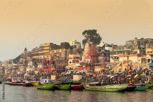 Varanasi in morning with Ganga River. the most auspicious place for Hindu's to be cremated. Boats and temples line the River Ganges.