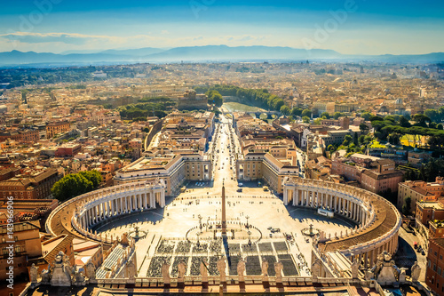 Aerial view of Saint Peter square in Rome, Italy. Rome baroque architecture and landmark. Saint Peter square and the Vatican are among the main attractions of Rome and Italy