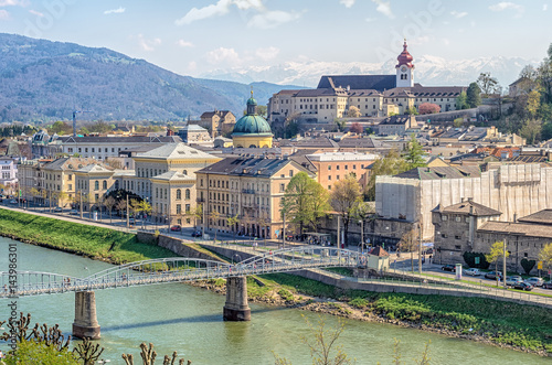 Salzburg, Austria.Panoramic view of Salzburg with Salzach river during sunny spring day 