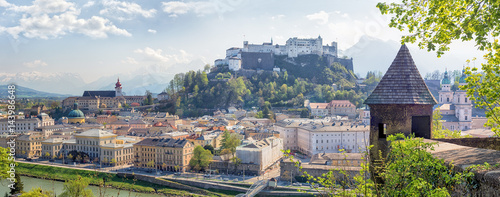 Salzburg, Austria. Panoramic view of Salzburg with Hohensalzburg castle during sunny spring day