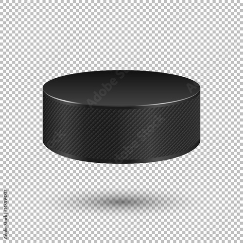 Vector realistic flying ice hockey puck closeup isolated on transparent background. Design template in EPS10.