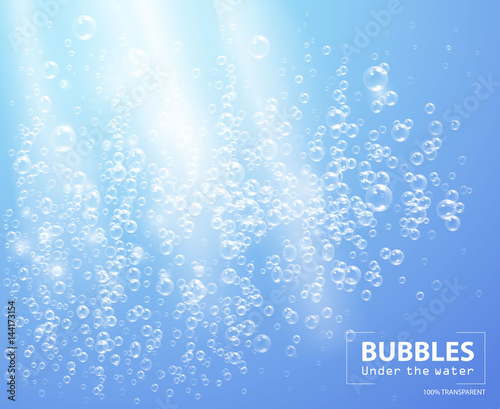 Bubbles under water vector illustration on blue background with sunbeams