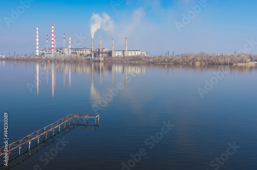 Spring landscape with electric power station beside Dnepr river in Dnepr city, Ukraine