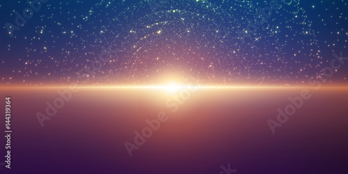 Vector infinite space background. Matrix of glowing stars with illusion of depth and perspective. Abstract cyber fiery sunrise over sea. Abstract futuristic universe on dark violet background.