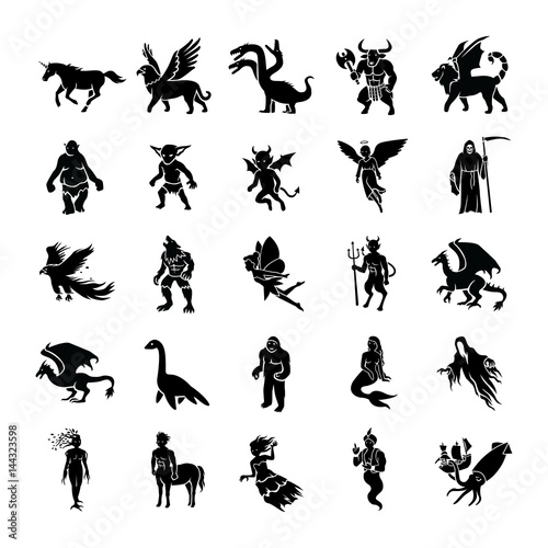 25 Mythical creatures glyph vector icons
