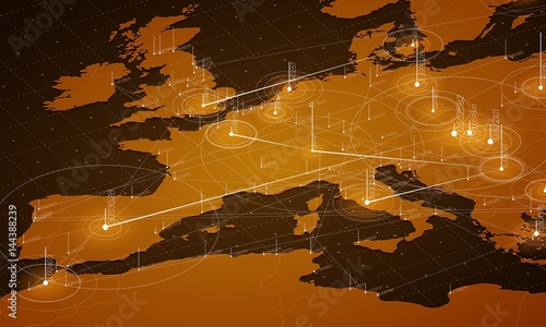 Europe orange map big data visualization. Futuristic map infographic. Information aesthetics. Visual data complexity. Complex europe data graphic visualization. Abstract data on map graph.