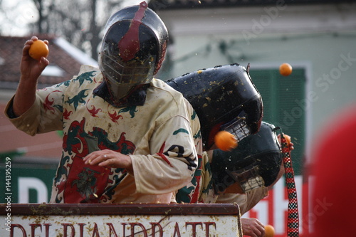 Historical battle of the oranges during Ivrea's carnival. Ivrea, Piemonte, Italy