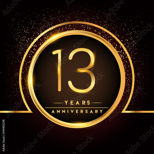 thirteen years birthday celebration logotype. 13th anniversary logo with confetti and golden ring isolated on black background, vector design for greeting card and invitation card.