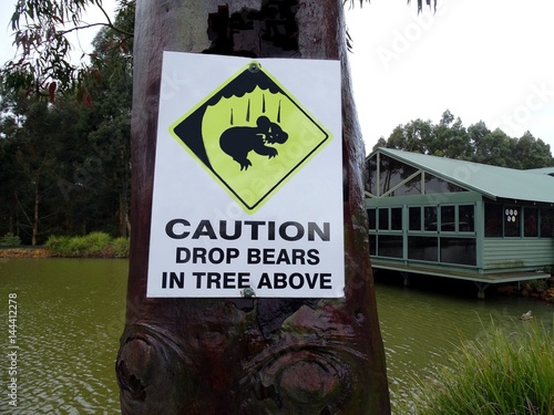 A sign warning to be cautious as bears may drop from the tree above