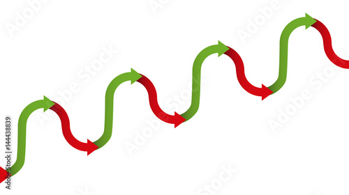 Upward trend graph - gradual increase figure for growth with temporary descending or declining phases of a development, depicted with a rhythmically ascending green and descending red arrows.