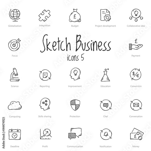 Set of black sketch business icons isolated on light background.