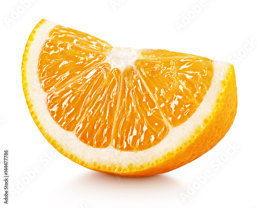Ripe slice of orange citrus fruit isolated on white background with clipping path