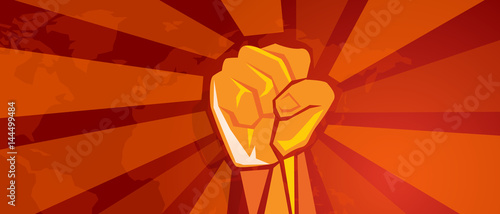 hand fist revolution symbol of resistance fight aggressive retro communism propaganda poster style in red with world map background