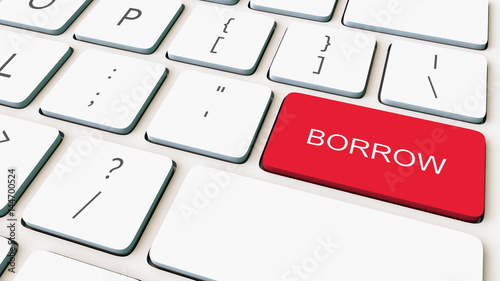 Close-up shot of white computer keyboard and red borrow key. Conceptual 3D rendering