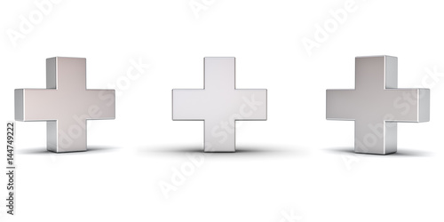 3d metal plus sign with three different view angles isolated on white background with shadow. 3D rendering.
