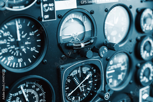 Cockpit helicopter - Instruments panel. Interior of helicopter control dashboard, Heli on the ground.