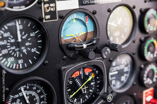 Cockpit helicopter - Instruments panel. Interior of helicopter control dashboard, Heli on the ground.