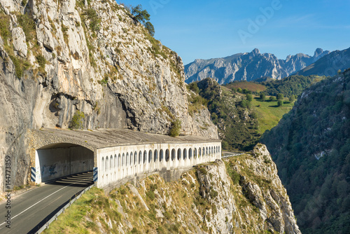 Avalanche gallery on the road to the National Park Picos de Europa. The street cross the foothills of the protected landscape from Cantabria to Asturia in the north of the famous limestone mountains