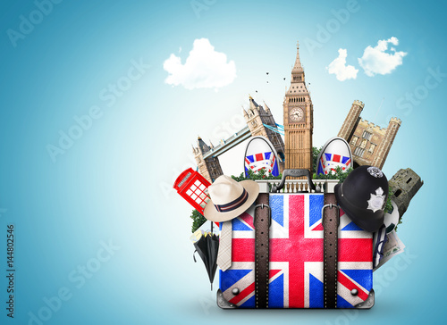 England, vintage suitcase with British flag