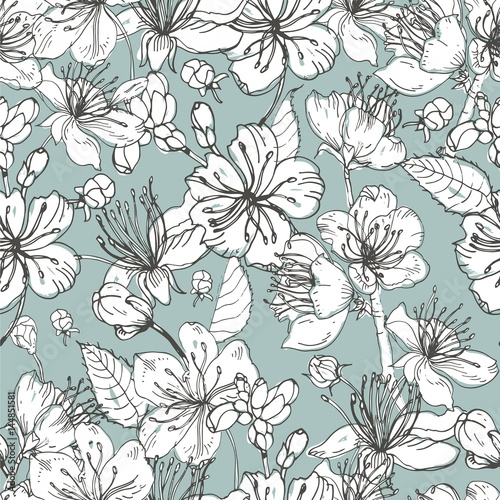 Realistic sakura hand drawn seamless pattern with buds, flowers, leaves. vintage style illustration.