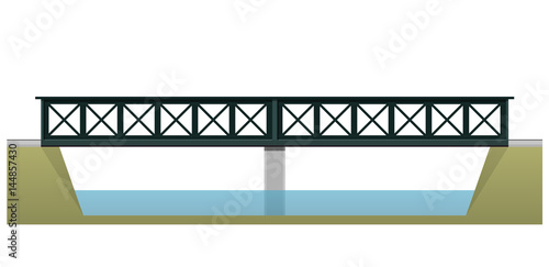 Vector train bridge in side view and isolated on white background. Industrial 2d transportation building. Metallic bridge architecture. Railway bridge with rails. Assembled double bridge construction.