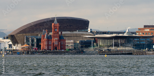 Cardiff Bay Seafront with National Assembly for Wales. Pierhead Building and Wales Millenium Centre with the Assembly complex in Cardiff Bay, Wales, UK