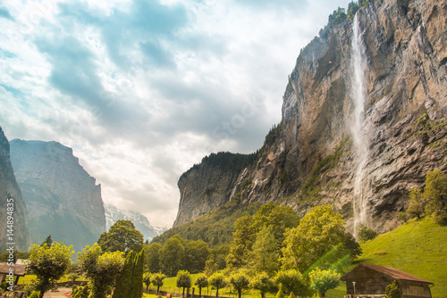 The unbelievable landscape with waterfall and canyon in Lauterbrunnen in the Swiss Alps, Switzerland, Europe