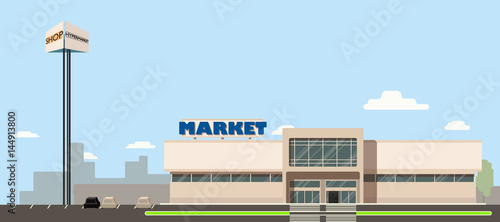 Mall or supermarket or hypermarket building in the city with advertising pillar in flat design