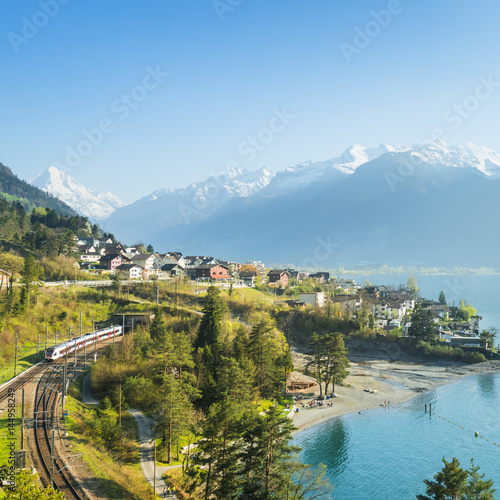 Small towns in Europe. Fluelen. Switzerland. Traditional houses. Railway along Lake Lucerne. Canton Uri.