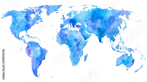 World map.Earth.Watercolor hand drawn illustration.White background.