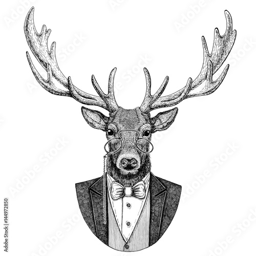Deer Hipster animal Hand drawn illustration for tattoo, emblem, badge, logo, patch, t-shirt