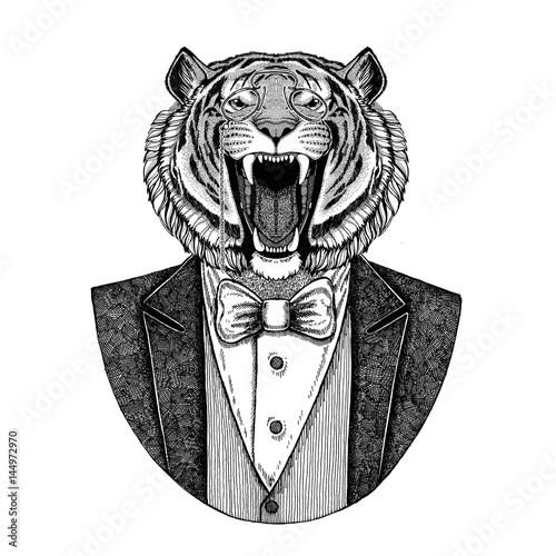 Wild tiger Hipster animal Hand drawn illustration for tattoo, emblem, badge, logo, patch, t-shirt