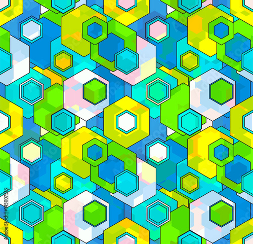 Abstract colorful geometric background with irregular structure of repeating hexagons. Bright yellow, blue and green texture perfect for prints, decoration and wallpapers. Vector seamless pattern.
