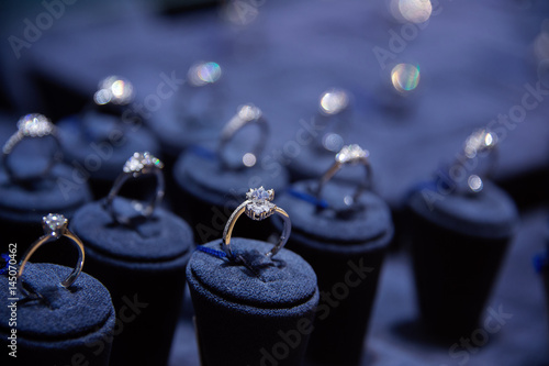 Fine diamond rings in jewelry boutique window display