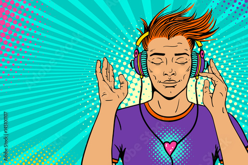 Young sexy ginger man with wide smile and closed eyes in headphones listening to the music. Vector colorful background in pop art retro comic style. Party invitation poster.