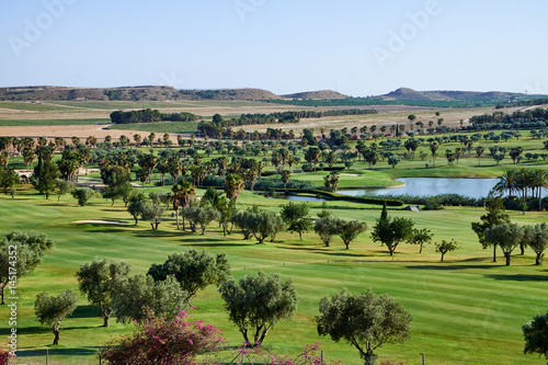 Golf course with gorgeous green and pond. Algorfa, Spain.