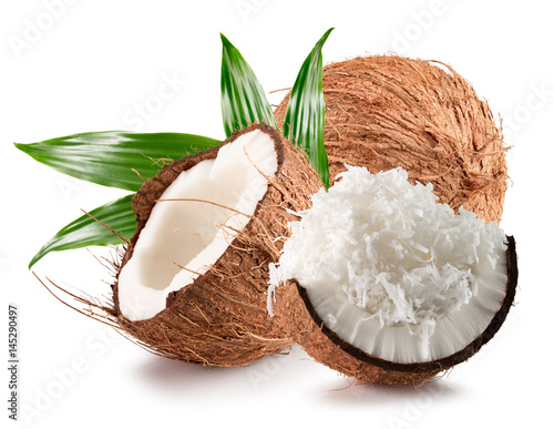 coconuts with coconut flakes isolated on a white background
