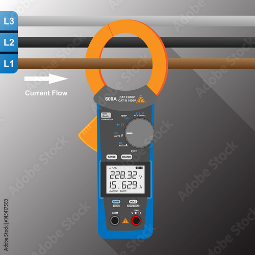 current clamp meter and digital multimeter measure 3 phase line