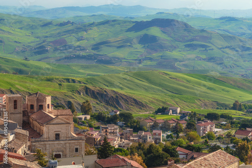 Green Hill Landscape in Central Sicily near Cammarata Mountain in Spring