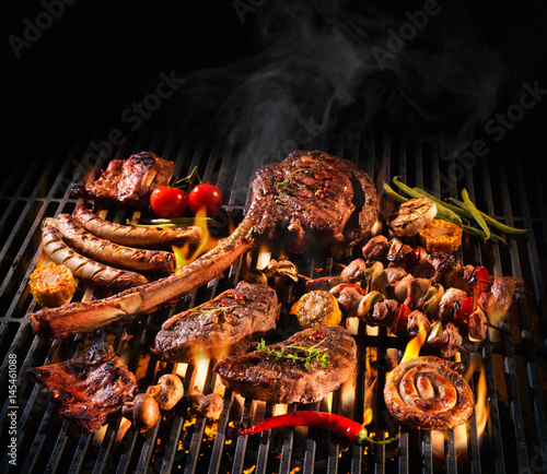 Assorted delicious grilled meat on a barbecue