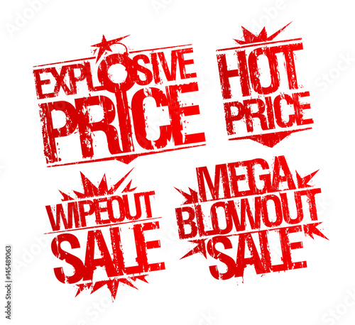 Explosive price, hot price, wipeout sale and mega blowout sale rubber stamps