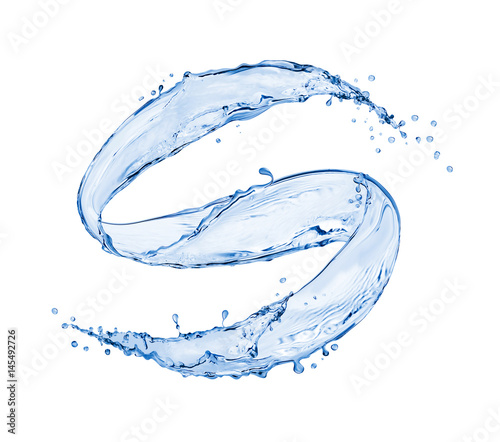 Blue splashes of water in a swirling shape, isolated on white background