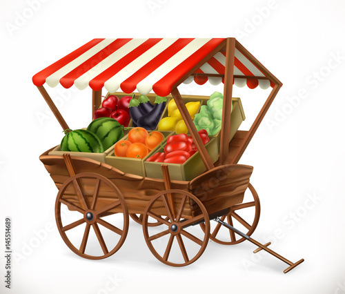 Fresh produce market. Cart with fruits and vegetables, 3d vector icon