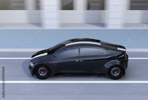 Side view of black sports car driving on the street. 3D rendering image.