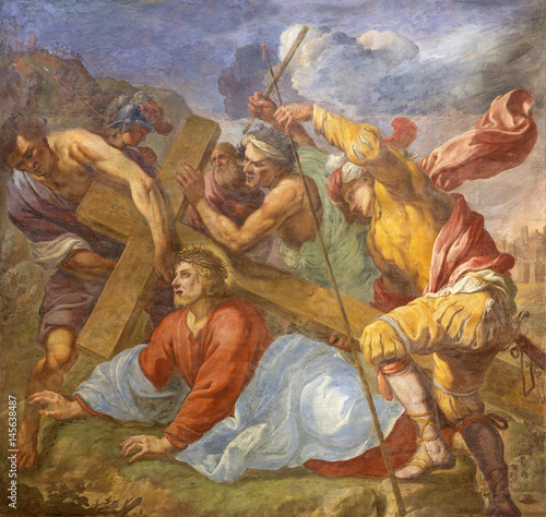 TURIN, ITALY - MARCH 13, 2017: The fresco of Fall of Jesus under cross in church Chiesa di Santa Teresia by Giovanni Paolo Recchi (17. cent.).
